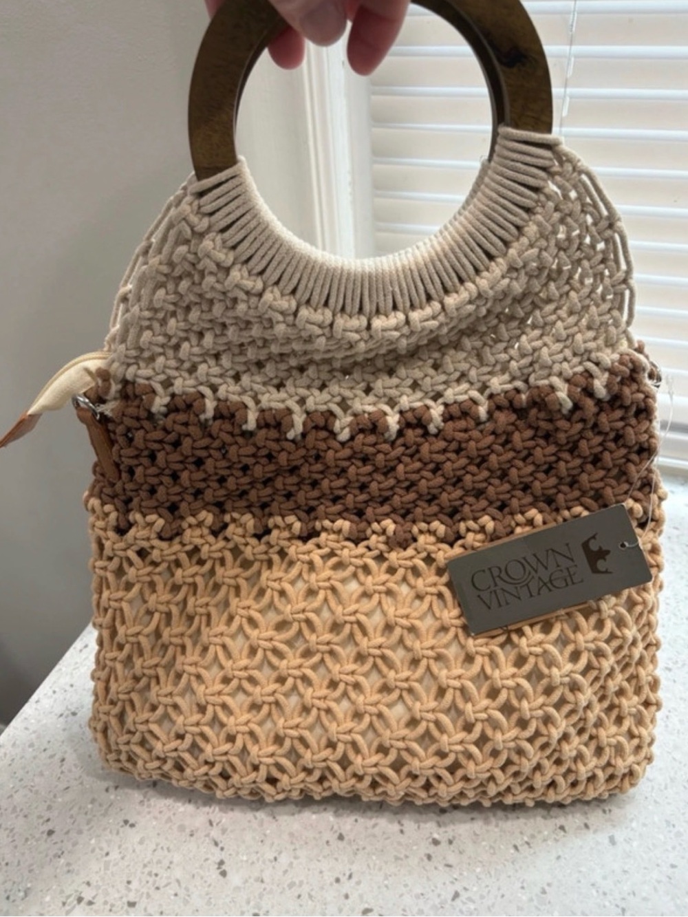 Crown Vintage Tri-Tone Crochet Tote Bag Cream, Brown Tan Crown Vintage Croch NWT